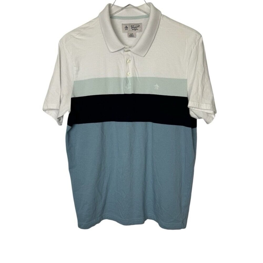 Original Penguin Striped Short Sleeve Polo Shirt Men's Munsingwear Blue Large